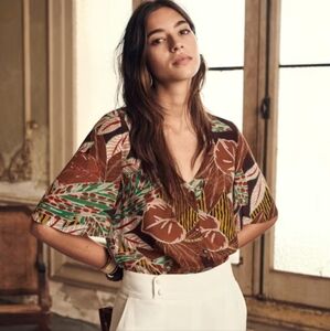 SEZANE ARETHA SILK BLOUSE IN FOREST PRINT